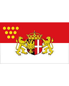 Fahne: Das Wappen der Stadt Neuss zeigt auf einem von Schwarz und Rot gespaltenen Schild im schwarzen  linken  Feld einen rot bewehrten